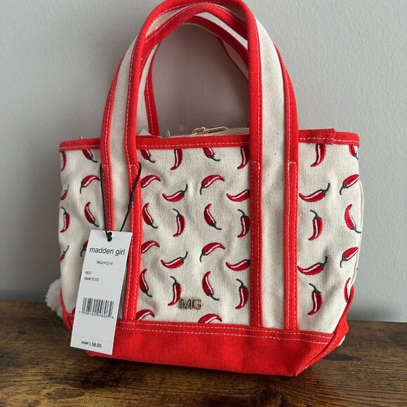NWT Madden Girl Chili Pepper Red Canvas Mini Tote Viral Crossbody Bear Charm - Picture 6 of 8